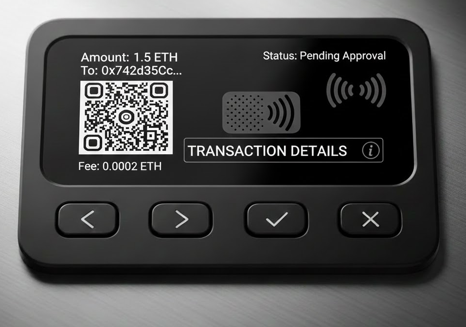 Air-gapped cold wallet prototype device showing transaction approval screen